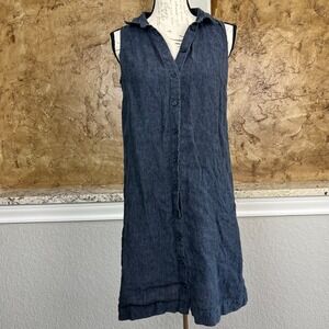 Garnet Hill Linen Shirt Dress Women's 4 Button Front Sleeveless Blue Minimalist‎